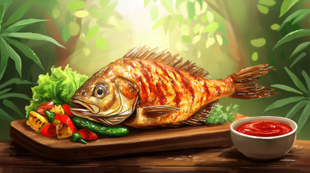 Delicious grilled whole fish with vegetables and crispy skin on wooden board. concept of gourmet dining, culinary delights, seafood cuisine, flavorful meals.の写真素材