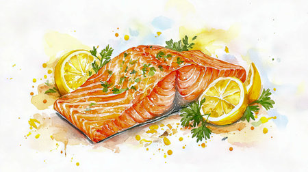 Watercolor illustration of grilled salmon fish with lemon and herbs showcasing culinary art and gourmet dining concepts.の写真素材