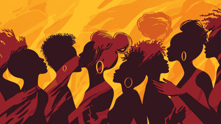 Artistic illustration of diverse african american women embracing in silhouette. Concept of sisterhood, empowerment, support, inclusivity, togetherness, friendship, connection, unity.の写真素材