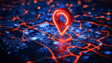 Futuristic location pin icon glowing on digital city map with neon red lines. Concept of GPS...