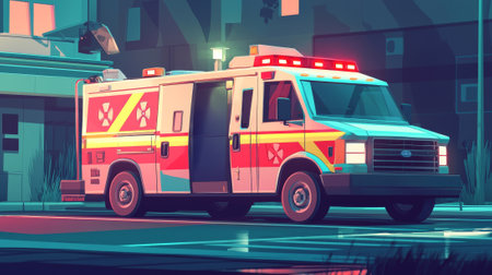 Emergency ambulance with red flashing lights parked on urban street at night. Concept of medical assistance, urgent healthcare, first response, emergency services. Digital art.の写真素材
