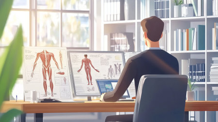 Diligent caucasian male medical student immersed in anatomical studies in sunlit library. concept of education, healthcare learning, academic focus, scientific research.の写真素材