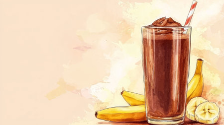 Watercolor of healthy chocolate banana smoothie with fresh fruits. concept of nutritious beverages, artistic food illustration, refreshing healthy lifestyle, Copy space.の写真素材