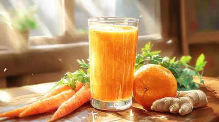 Vibrant watercolor of a healthy orange smoothie with fresh carrots, oranges, and ginger. concept of nutritious drinks, organic ingredients, refreshing beverages, artistic illustration.の写真素材