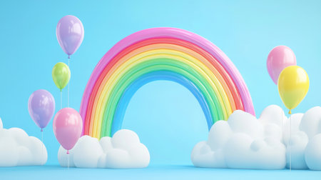 Colorful abstract illustration of rainbow arching over clouds with floating balloons. concept of joyful nature, fantasy art, vibrant colors, whimsical design.の写真素材