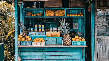 Colorful rustic fruit stand with fresh produce in tropical setting. concept of exotic market, organic fruits, vibrant outdoor decor.の写真素材