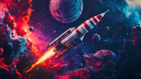 Futuristic rocket traveling through outer space with vibrant nebula. concept of space exploration, cosmic adventure, galactic travel, science fiction.の写真素材