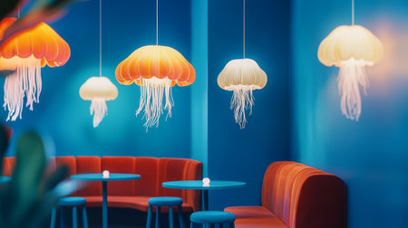 Cozy cafe with vibrant jellyfish lights and modern seating. concepts of unique decor, ambient lighting, colorful interiors, contemporary cafe design.の写真素材
