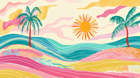 Vibrant tropical landscape with palm trees and sunburst. concept of nature's beauty, relaxation, island vibes, artistic paradise. Abstract background.の写真素材