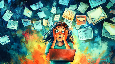 Stressed young woman overwhelmed by emails and digital tasks. concept of work pressure, technology overload, modern communication, stress management.の写真素材