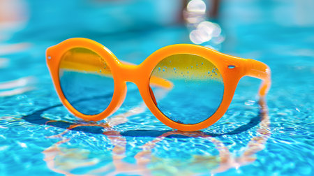Bright orange sunglasses floating on sparkling blue water with water droplets on lenses. Concept of summer vacation, tropical relaxation, beach fashion, poolside leisure, sunny vibes.の写真素材
