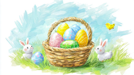 Colorful childlike crayon drawing of easter basket with painted eggs and bunnies.