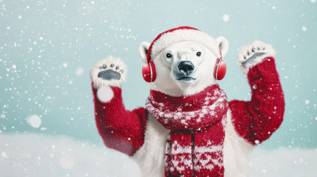 Festive polar bear in holiday scarf and headphones in snowy winter scene. concept of holiday cheer, winter fashion, festive joy, funny animal. Copy space.の写真素材