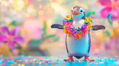 Cheerful penguin standing upright with vibrant lei. concept of joy, celebration, animal humor, fun atmosphere, Funny animal, Summer Celebration, Hawaiian Flower Lei. Copy space.の写真素材
