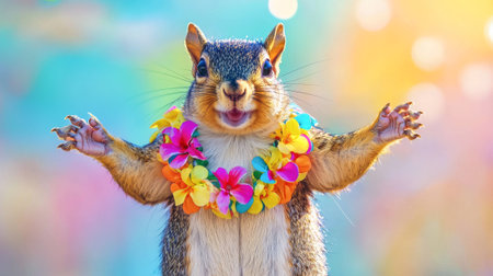 Cheerful squirrel dancing with colorful lei in bright setting. concept of joyful nature, animal...