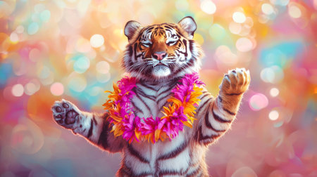 Cheerful dancing tiger standing upright with flower lei, concept of joyful wildlife, festive...