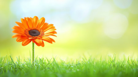 Bright orange flower blooming in lush green meadow for earth day celebration. concept of nature's beauty, spring growth, environmental awareness, vibrant flora. Earth Day banner, copy space.の写真素材