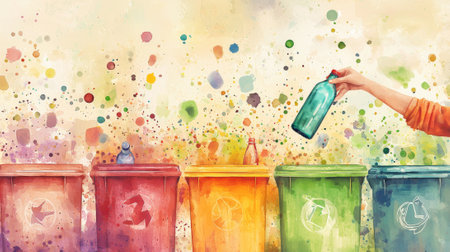 Watercolor illustration of colorful recycling bins with hand placing glass bottle. Concept of waste...