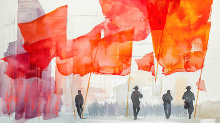Dynamic watercolor illustration celebrating international workers' day with large red flags and...