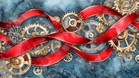 International workers day abstract watercolor with gears and red ribbon. concept of labor celebration, industrial progress, artistic expression, mechanized creativity, background.の写真素材