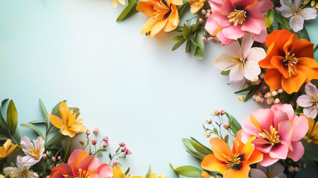 Floral border with vibrant paper flowers on pastel background. Concept of spring decoration, festive greeting card, floral frame, wedding invitation, copy space.の写真素材