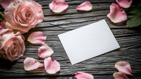 Elegant mother's day concept with blank white card on rustic wood background surrounded by delicate...