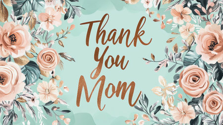 Elegant mother's day banner card with thank you, mom message with pastel mint background featuring floral design. concept of love, gratitude, celebration, family bonds.の写真素材