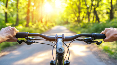 Close-up of commuter man holding handlebars of eco-friendly bicycle on sunny nature path. concept of...