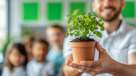 Teacher Holding Small Potted Plant in Classroom with children in background. Concept of Eco-Friendly School Education, Sustainability, Nature Appreciation, Environmental Awareness.の写真素材