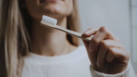 Eco-friendly smiling woman holding bamboo toothbrush in bright minimalistic setting. concept of...