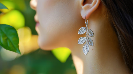 Eco style close-up of woman's ear adorned with handmade leaf-shaped earrings crafted from recycled metal. concept of natural jewelry, sustainable fashion, minimalist accessories, organic, Copy space.の写真素材