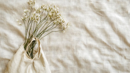 Minimalist eco-friendly bag with recycled materials and wildflowers. concept of sustainable fashion,...