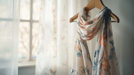 Elegant silk scarf with nature-inspired print in eco style draped over hanger. concept of sustainable fashion, eco-friendly design, nature-inspired textiles, stylish accessories.の写真素材