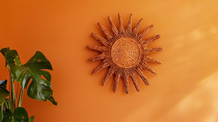 Eco-friendly woven rattan wall decor in sunburst design against vibrant orange background. concept of natural home decor, sustainable artistry, stylish interior accents, earthy aesthetics.の写真素材