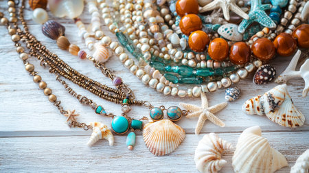 Ocean-Themed boho jewelry with turquoise beads, seashell pendants, and natural pearls on rustic wooden surface. Concept of eco-friendly fashion, coastal style, handmade accessories, necklace.の写真素材