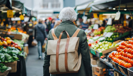 Elderly caucasian woman enjoying eco-friendly shopping at outdoor market with recycled fabric bag. concept of sustainable living, eco-conscious lifestyle, market exploration, green choices.の写真素材