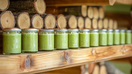 Row of green homemade sauce jars on rustic wooden shelf with natural log background. Concept of...