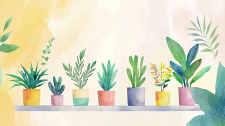 Watercolor illustration of eco-friendly indoor potted plants collection on shelf, concept of green living, sustainable decor, nature-inspired design, home aesthetic.の写真素材