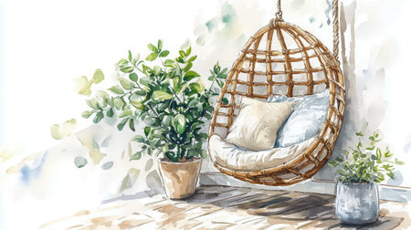 Eco style watercolor illustration of cozy reading nook with hanging chair and lush green plants. concept of tranquil relaxation, nature-inspired decor, serene home spaces, artistic comfort.の写真素材