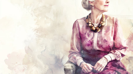 Graceful elderly woman in eco style watercolor portrait art. concept of aging gracefully, sustainable fashion, wisdom, and elegance.の写真素材