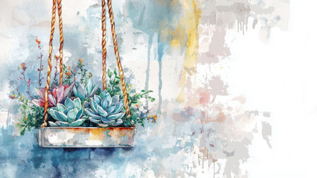 Eco style watercolor illustration of a hanging terrarium with succulents and flowers. concept of nature-inspired decor, organic art, tranquil atmosphere, sustainable living.の写真素材