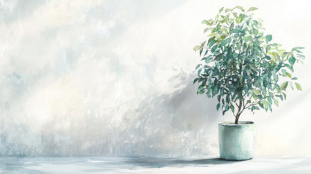 Eco-friendly watercolor illustration of a large houseplant in ceramic pot. concept of sustainable living, indoor gardening, green home decor, botanical art.の写真素材