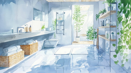 Eco-friendly modern bathroom design in watercolor illustration, harmony of nature-inspired decor, greenery elements, and sustainable living interiors.の写真素材