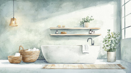 Eco-friendly modern bathroom design with watercolor aesthetic elements - emphasizing sustainable decor, elegant fixtures, and natural ambiance for a calming retreat.の写真素材