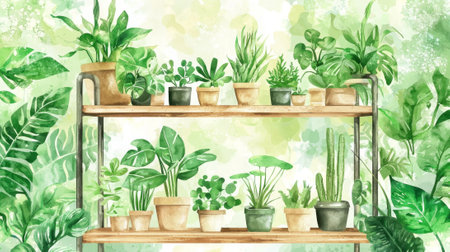 Eco friendly indoor garden, vibrant watercolor illustration of lush greenery plants in stylish planters for sustainable home decor and nature-inspired living spaces, potted houseplant.の写真素材