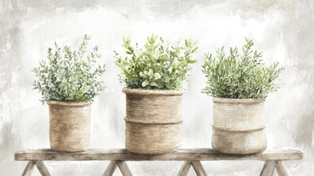 Eco style watercolor illustration of green plants in pots on rustic wooden bench. concept of nature-inspired decor, botanical art, sustainable living, minimalist aesthetics.の写真素材