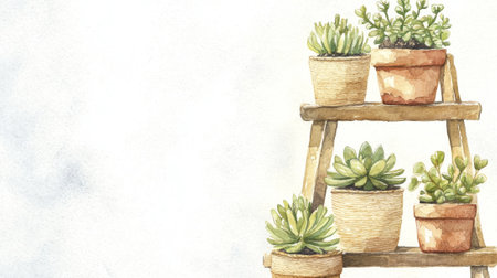 Eco style watercolor illustration of various plants in pots on wooden shelf. concept of botanical art, natural decor, gardening, sustainable living.の写真素材