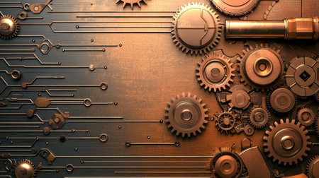 Intricate abstract steampunk style background with bronze and gold metallic gears. concept of...