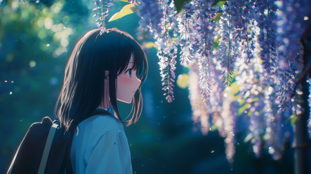 Anime girl with long dark hair admiring blooming wisteria flowers in soft evening light. Concept of...