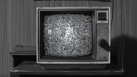 Retro black and white tv displaying static noise and data glitch. concept of vintage technology, analog signal, media distortion.の写真素材